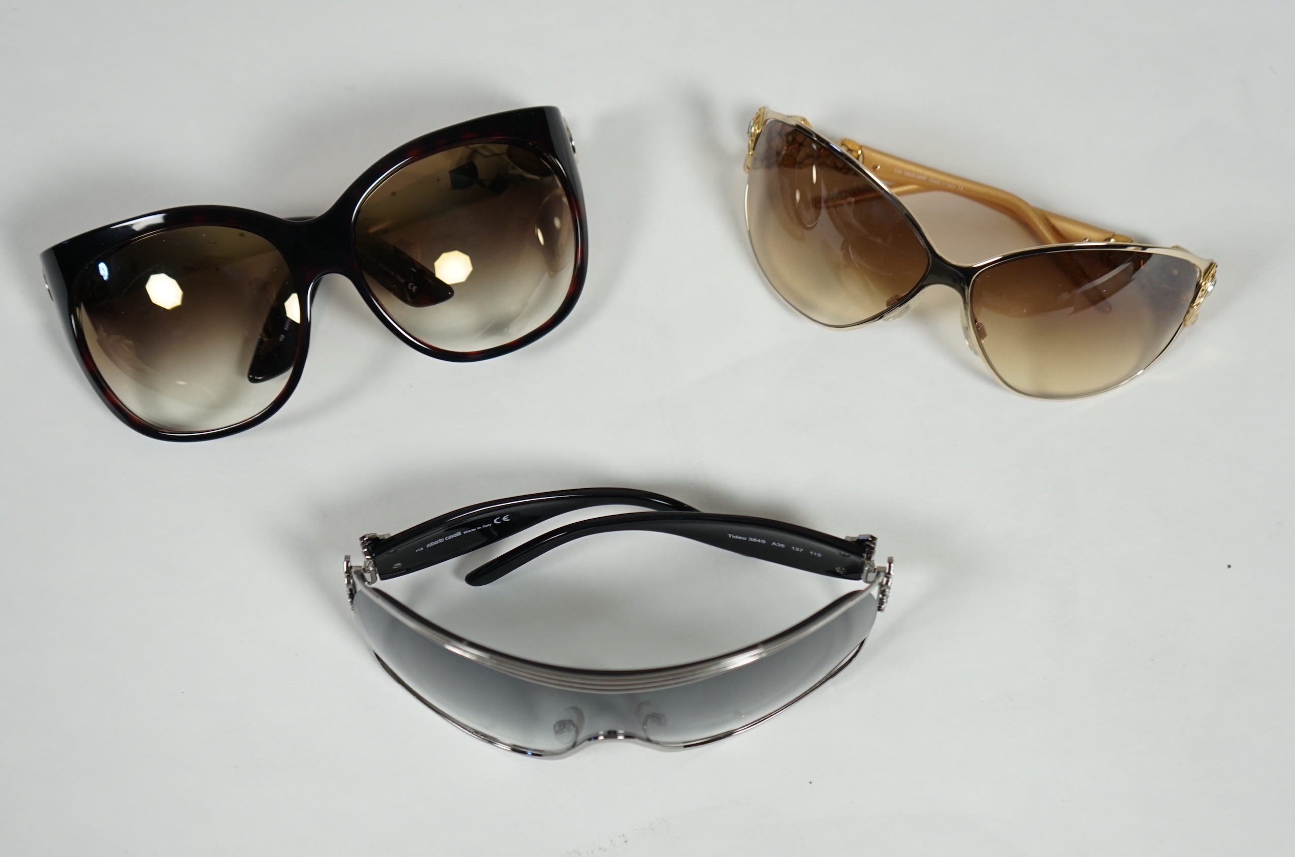 Two pairs of Roberto Cavalli and one pair of Jimmy Choo lady's sunglasses